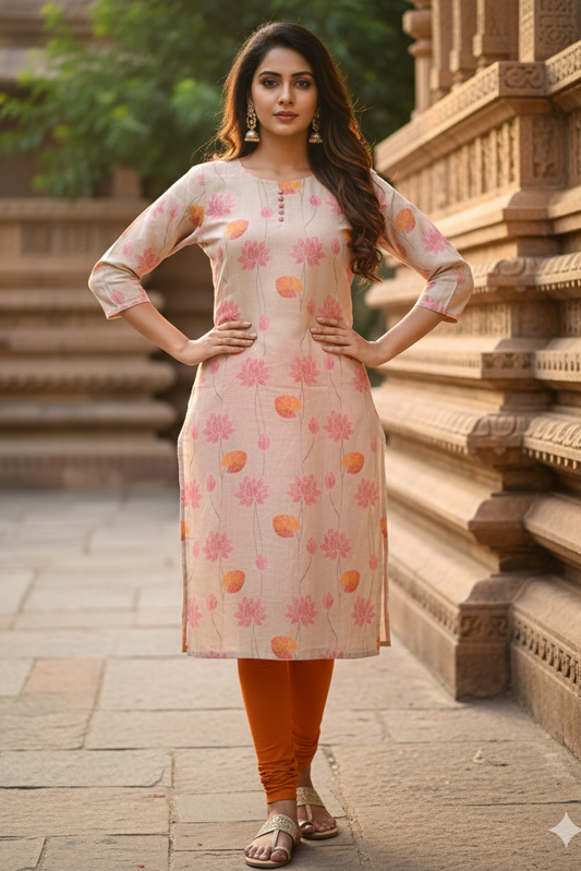 Beige Pink Lotus Print Tissue Kurti (IB0421)