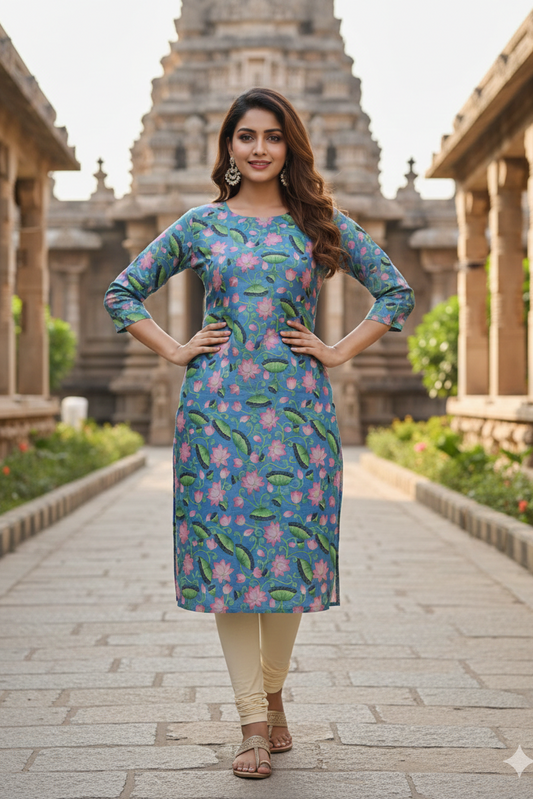 Sky Blue Pink Lotus Print Tissue Kurti (IB0422)