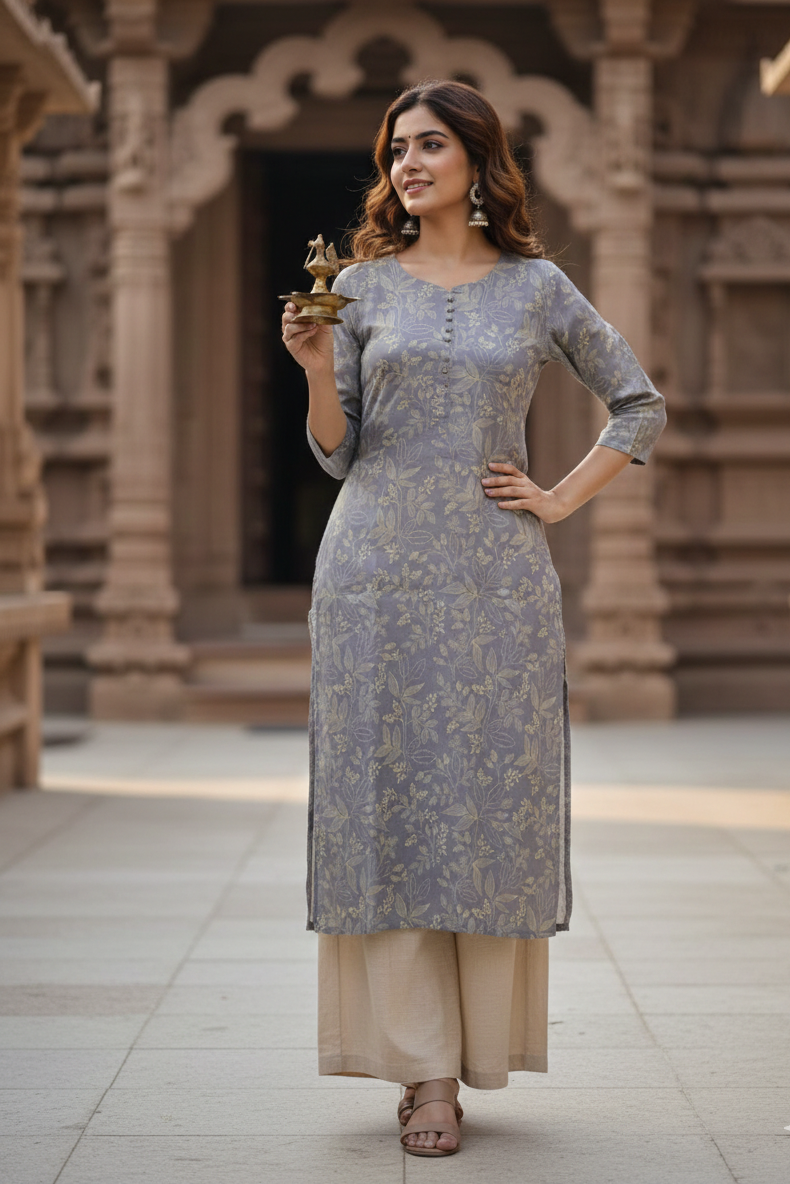 Steel Grey Cream Leaf Print Tissue Kurti (IB0423)
