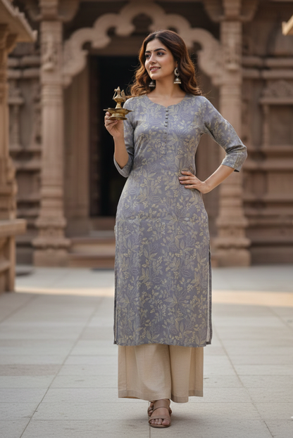 Steel Grey Cream Leaf Print Tissue Kurti (IB0423)