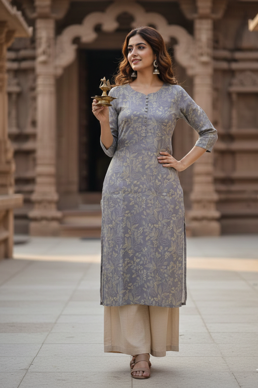 Steel Grey Cream Leaf Print Tissue Kurti (IB0423)
