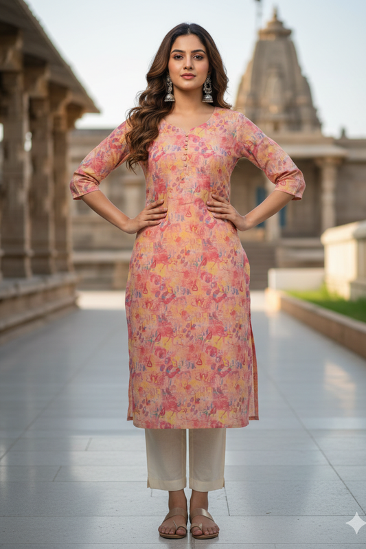 Peach Abstract Watercolor Print Tissue Kurti (IB0424)