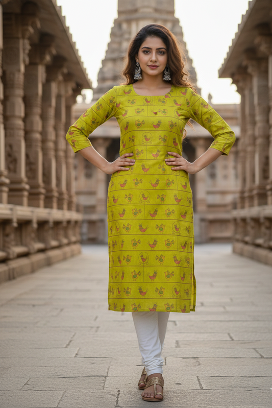 Lime Green Bird Motif Tissue Kurti (IB0425)