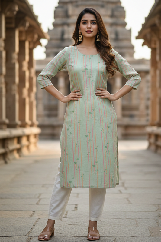 Green Peach Striped Tissue Kurti (IB0426)