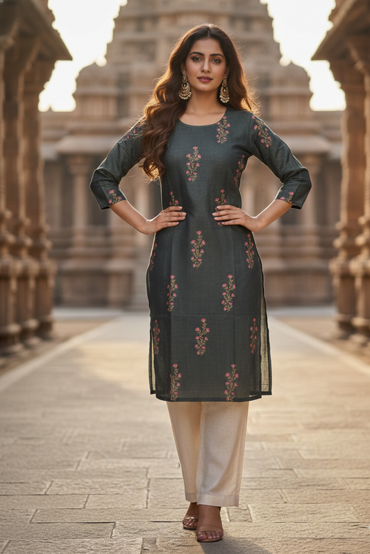 Bottle Green Pink Floral Spring Tissue Kurti (IB0427)