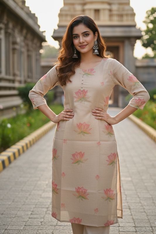 Beige Pink Lotus Floral Tissue Kurti (IB0428)