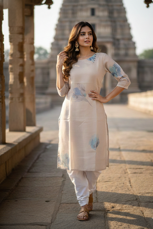 Beige Blue Watercolor Floral Tissue Kurti (IB0429)