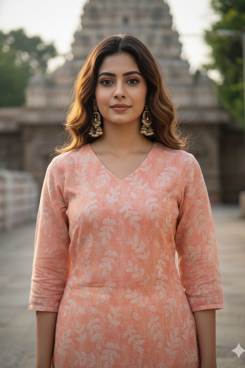 Peach Tissue White Leaf Print Kurti (IB0412)