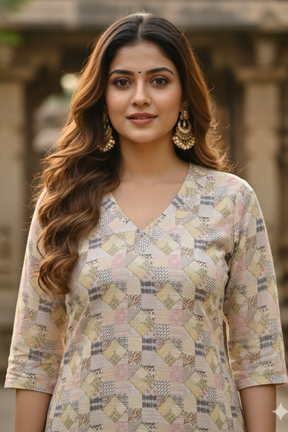Pastel Geometric Patchwork Tissue Kurti (IB0413)