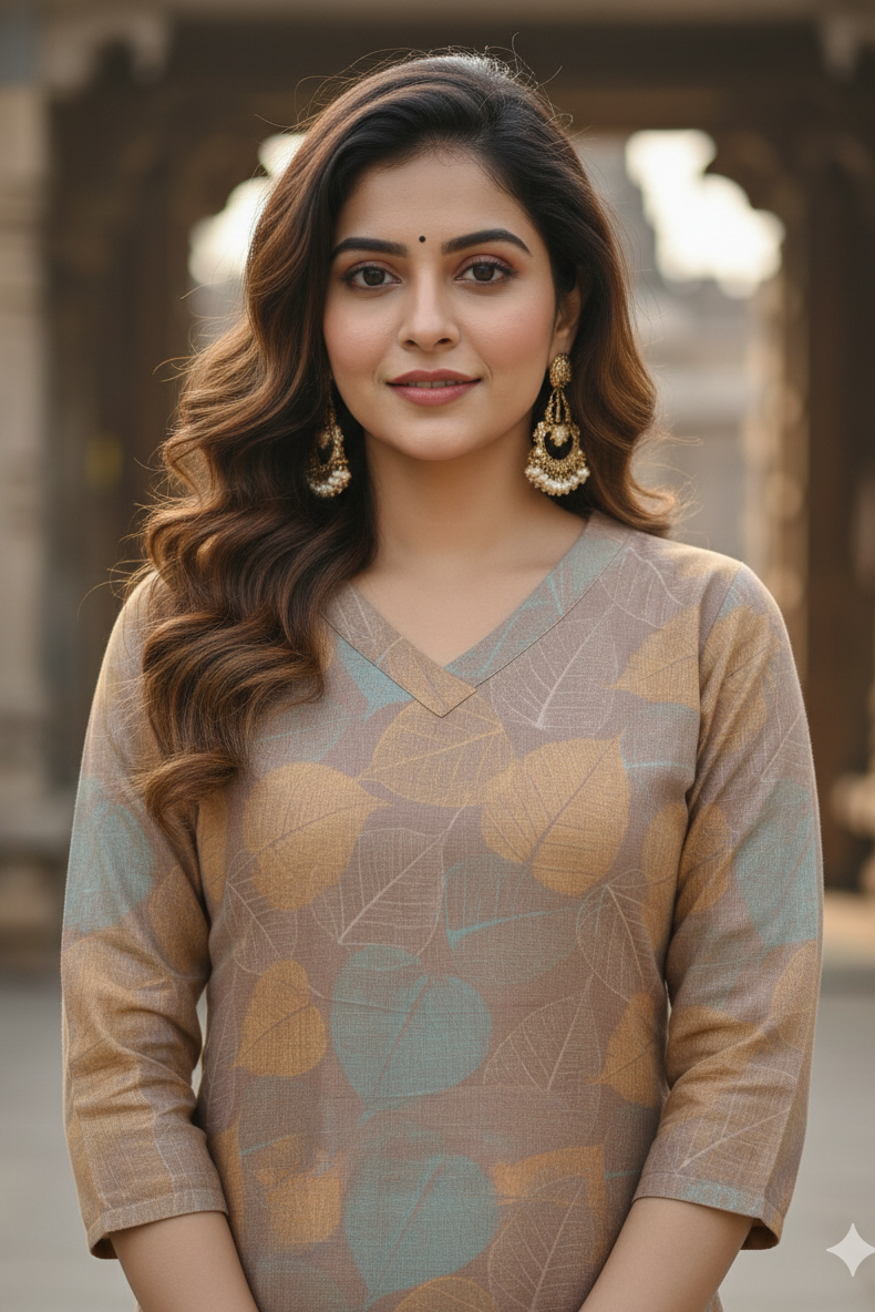 Taupe Mustard Leaf Print Tissue Kurti (IB0414)