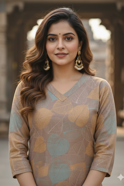 Taupe Mustard Leaf Print Tissue Kurti (IB0414)