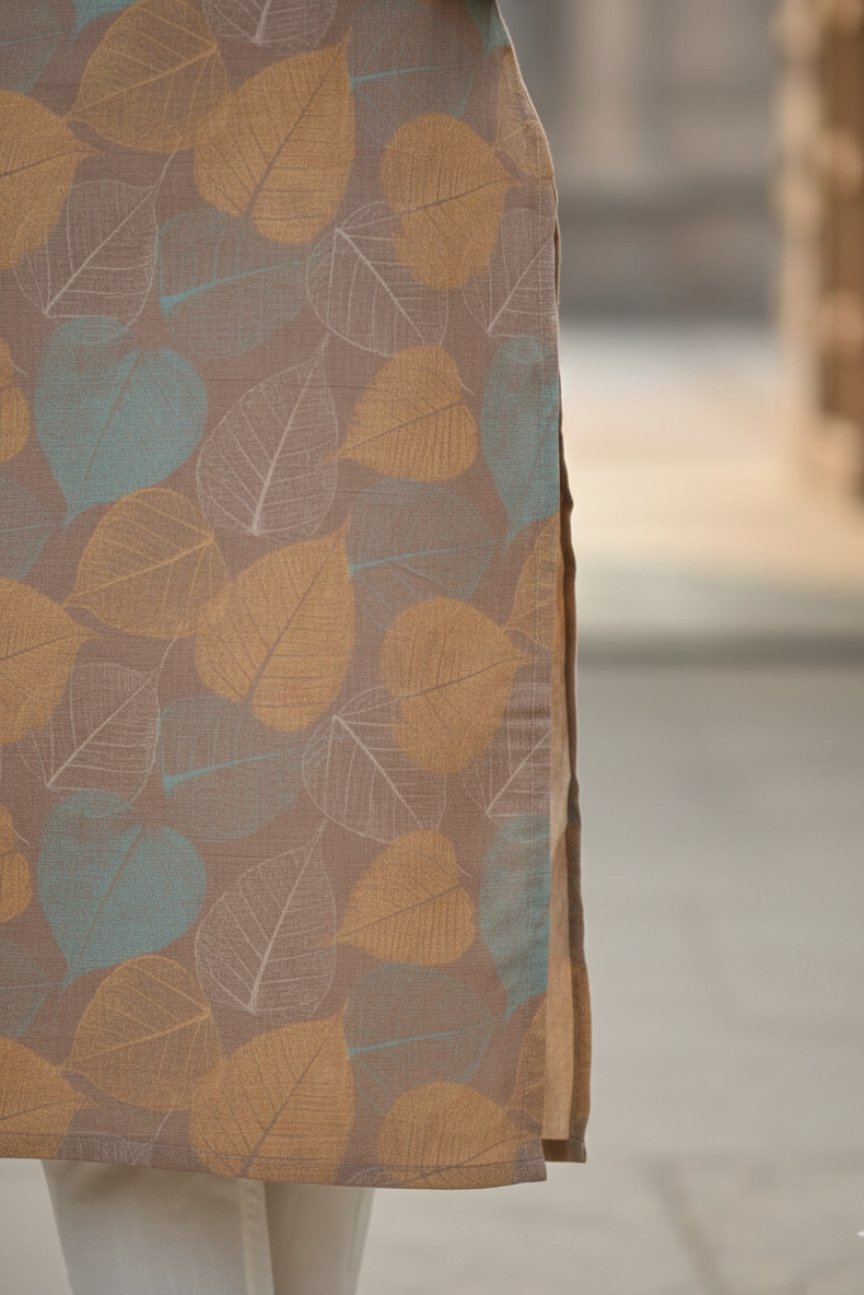 Taupe Mustard Leaf Print Tissue Kurti (IB0414)