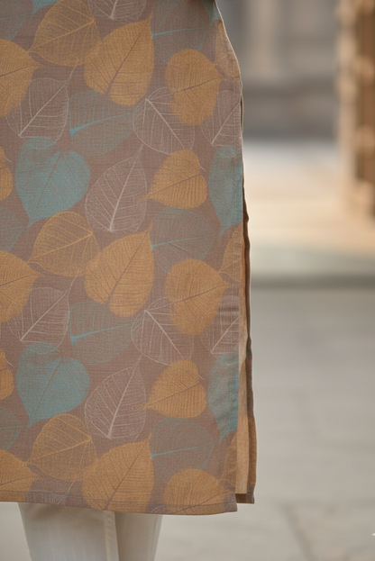 Taupe Mustard Leaf Print Tissue Kurti (IB0414)