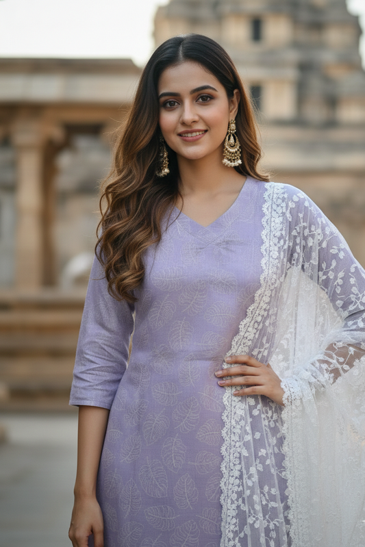 Lavender Tissue White Leaf Print Kurti (IB0415)