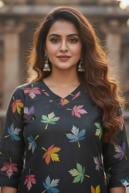 Black Multi Color Leaf Print Tissue Kurti (IB0416)