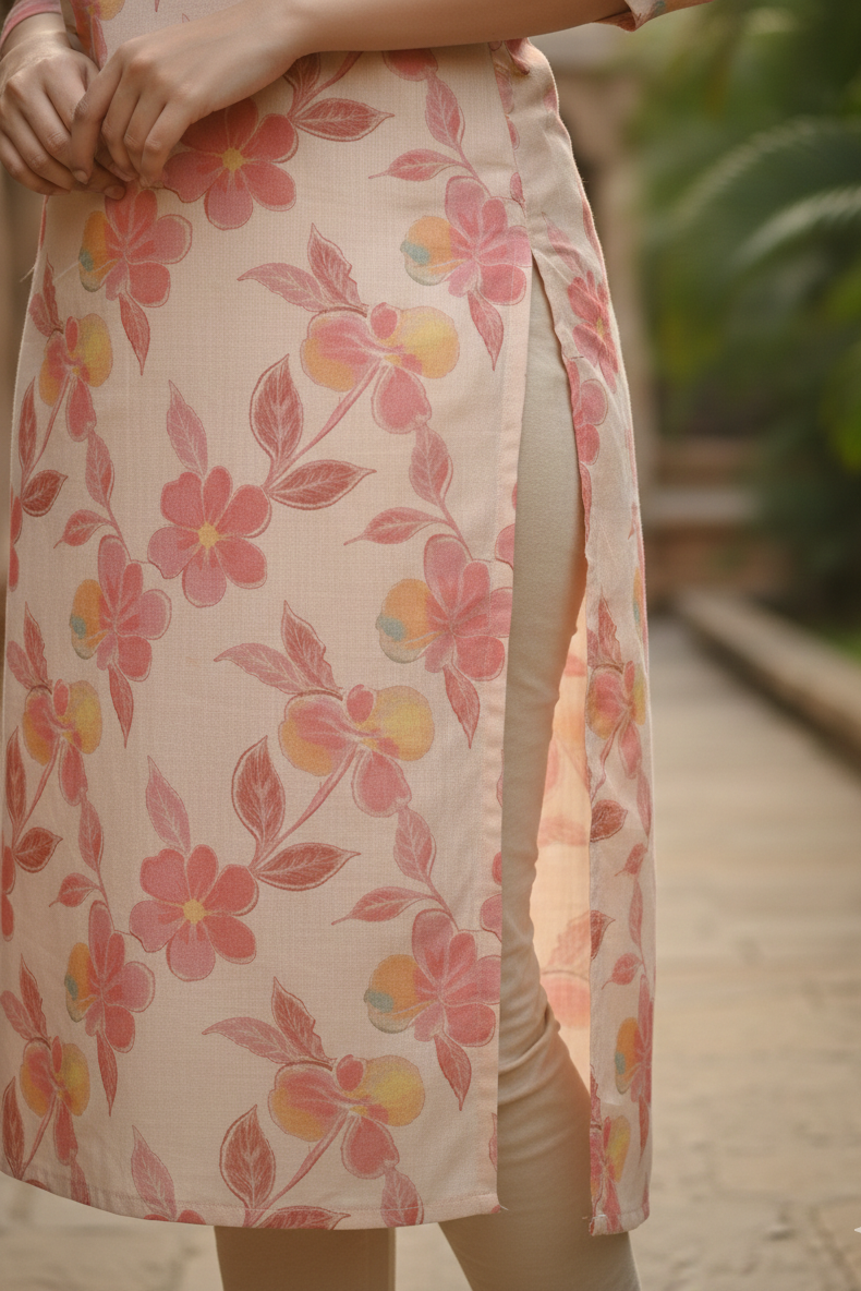 Cream Rose Peach Floral Print Tissue Kurti (IB0417)