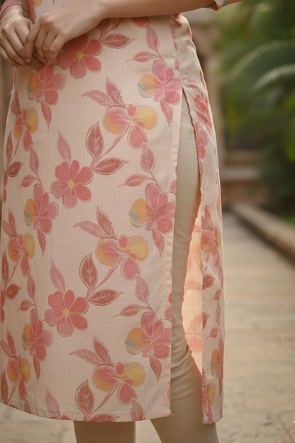 Cream Rose Peach Floral Print Tissue Kurti (IB0417)