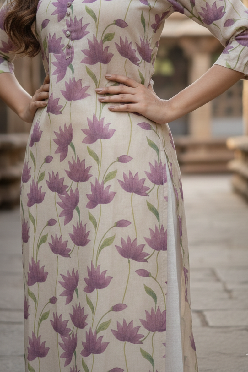 Cream Mauve Lotus Print Tissue Kurti (IB0418)