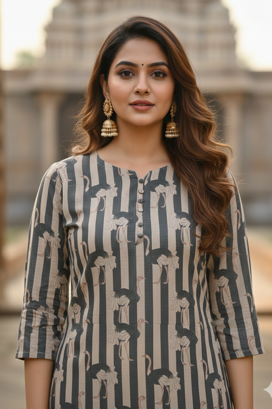 Charcoal Striped Bird Print Tissue Kurti (IB0419)