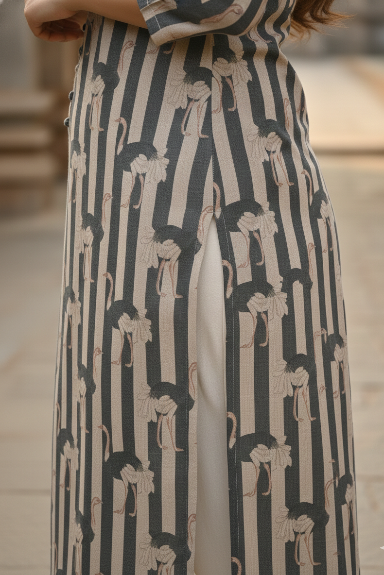 Charcoal Striped Bird Print Tissue Kurti (IB0419)
