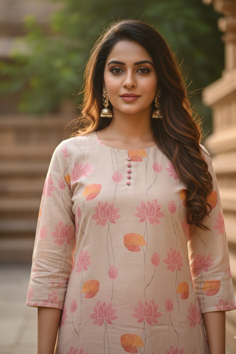 Beige Pink Lotus Print Tissue Kurti (IB0421)