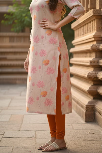 Beige Pink Lotus Print Tissue Kurti (IB0421)