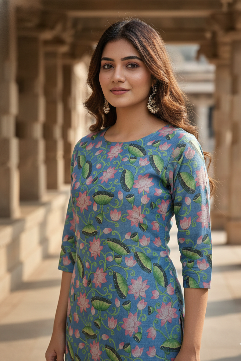 Sky Blue Pink Lotus Print Tissue Kurti (IB0422)