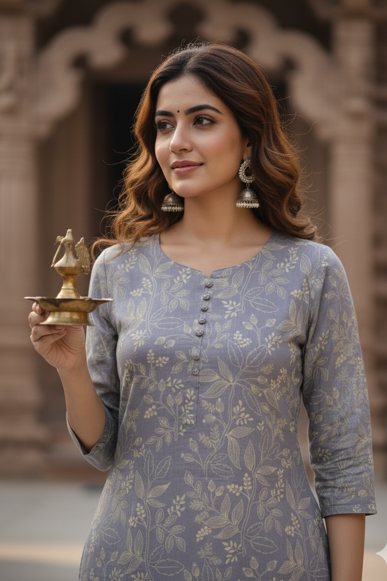 Steel Grey Cream Leaf Print Tissue Kurti (IB0423)