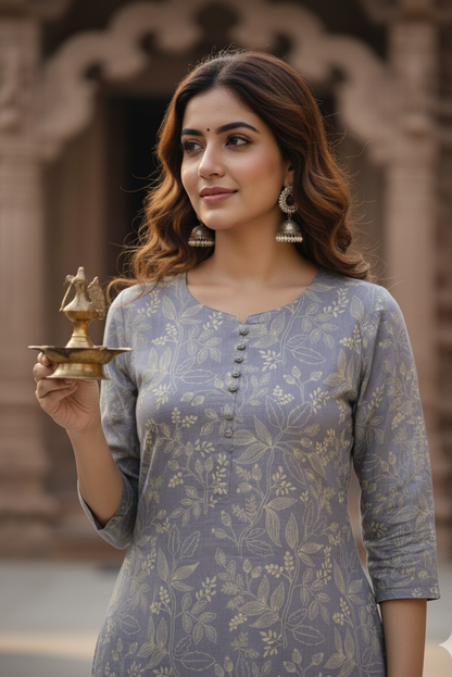 Steel Grey Cream Leaf Print Tissue Kurti (IB0423)