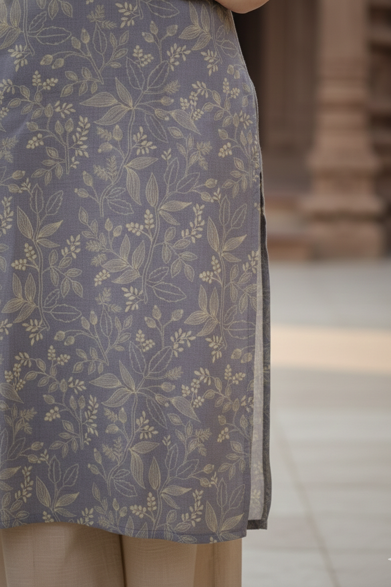 Steel Grey Cream Leaf Print Tissue Kurti (IB0423)