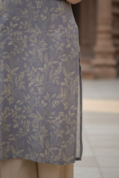 Steel Grey Cream Leaf Print Tissue Kurti (IB0423)