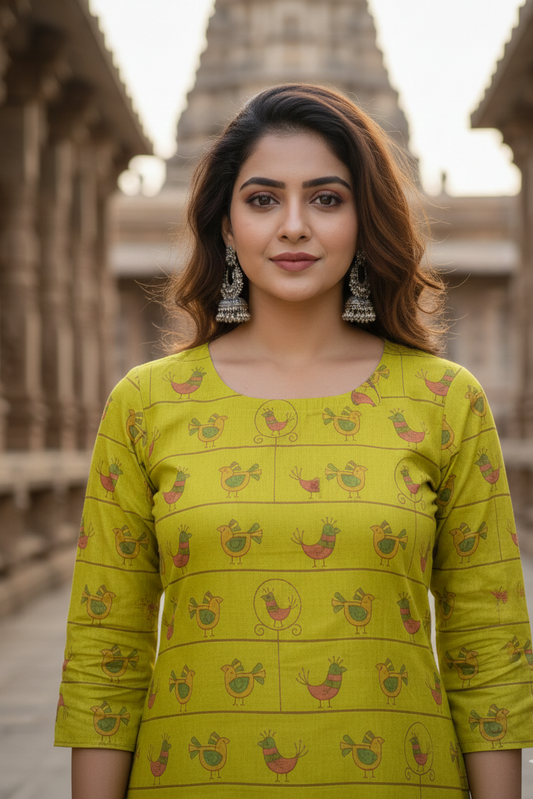 Lime Green Bird Motif Tissue Kurti (IB0425)