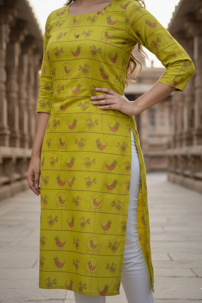 Lime Green Bird Motif Tissue Kurti (IB0425)