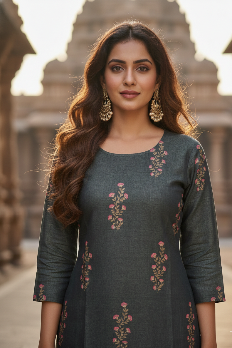 Bottle Green Pink Floral Spring Tissue Kurti (IB0427)
