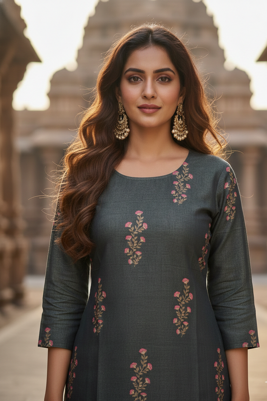 Bottle Green Pink Floral Spring Tissue Kurti (IB0427)