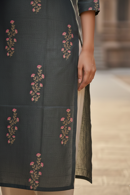 Bottle Green Pink Floral Spring Tissue Kurti (IB0427)