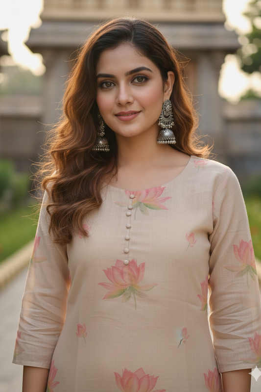Beige Pink Lotus Floral Tissue Kurti (IB0428)