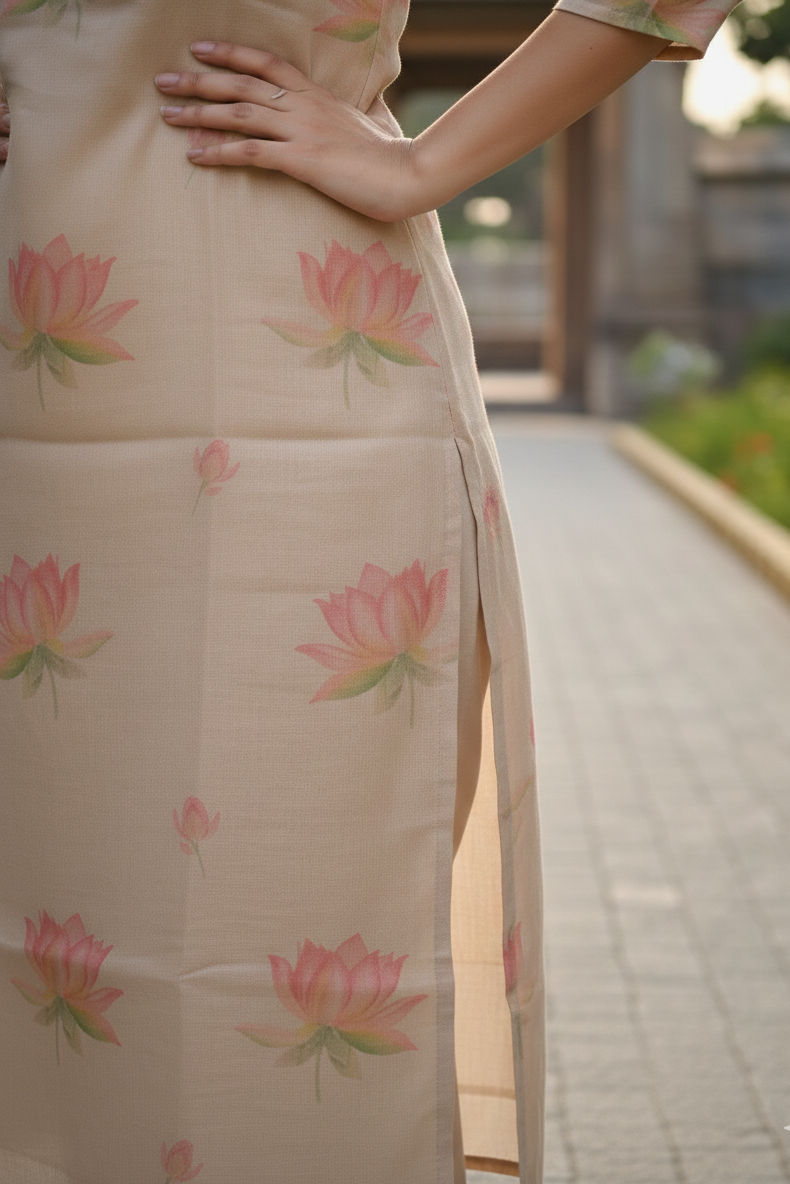 Beige Pink Lotus Floral Tissue Kurti (IB0428)