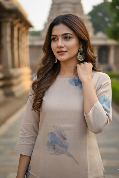 Beige Blue Watercolor Floral Tissue Kurti (IB0429)