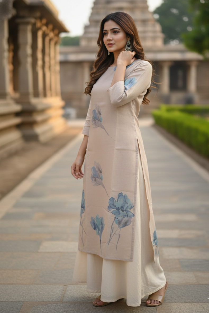 Beige Blue Watercolor Floral Tissue Kurti (IB0429)