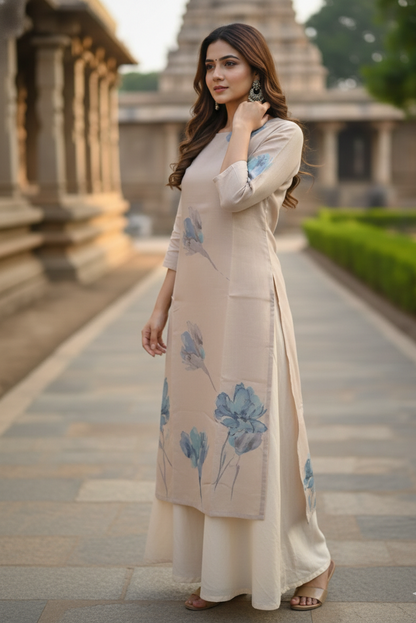 Beige Blue Watercolor Floral Tissue Kurti (IB0429)